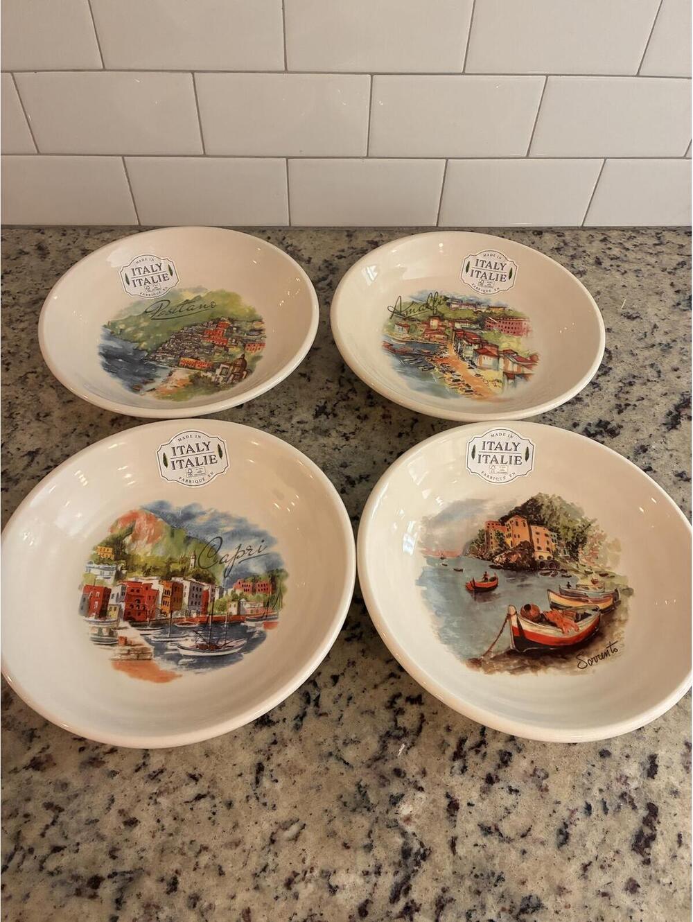 Set of 4 Ceramica Cuore 9'' Pasta Bowls with Coastal Village scenes